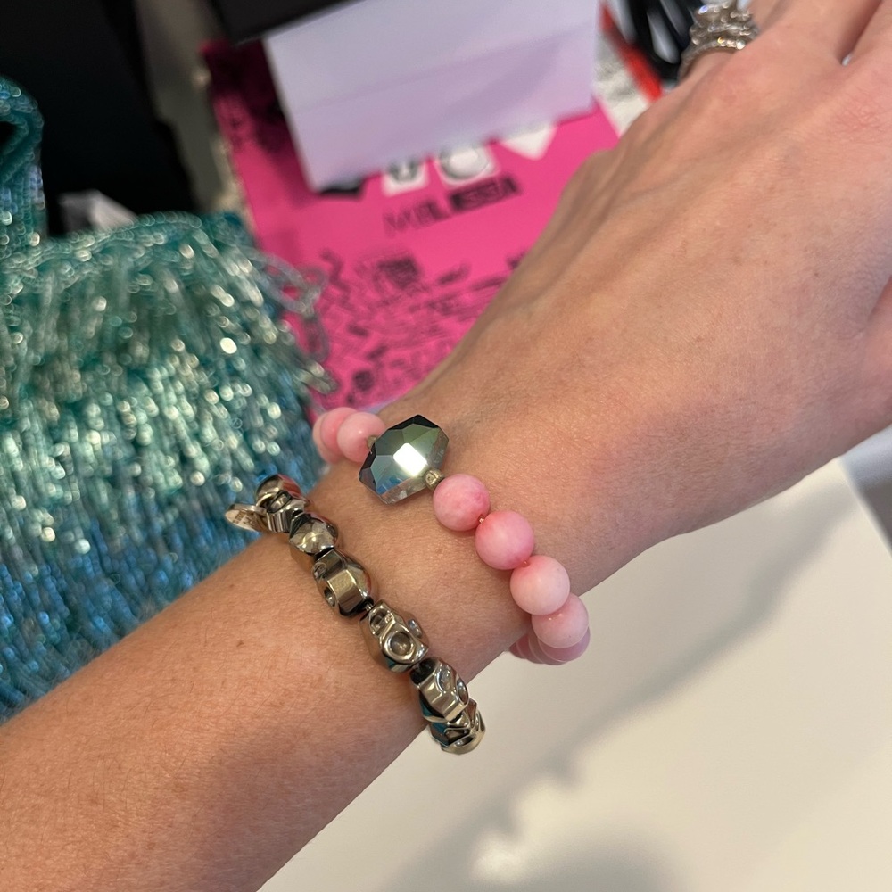 Snaffle Bit 2 Bracelets - (1) Pink with Gem and and (1) Gold Beaded Skull